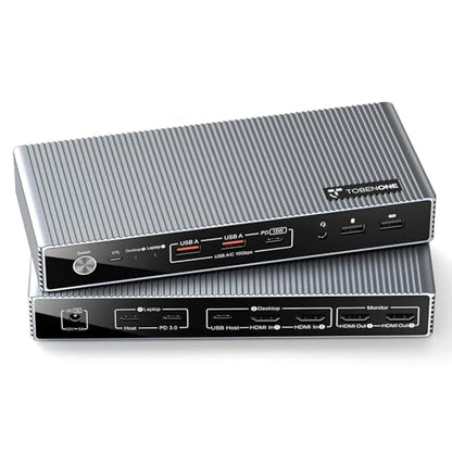TobenONE KVM Switch 2 Monitors 2 Computers for Laptop & Desktop | Dual HDMI 4K@60Hz KVM Docking Station, EDID, 5 USB (Max 10Gbps), 100W PD, Wired Remote, for Home Office & Gaming