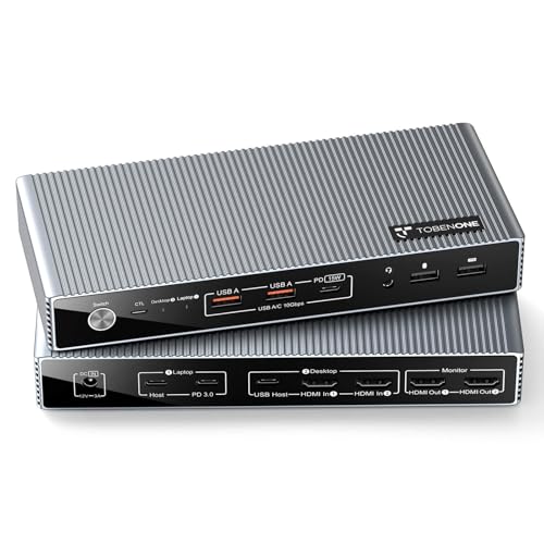 TobenONE KVM Switch 2 Monitors 2 Computers for Laptop & Desktop | Dual HDMI 4K@60Hz KVM Docking Station, EDID, 5 USB (Max 10Gbps), 100W PD, Wired Remote, for Home Office & Gaming