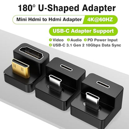 AGVEE 180 Degree USB-C to C Adapter & U-Shaped Mini HDMI to HDMI Converter | Angled HDMI 2.0 4k@60HZ Coupler Extender Extension Adaptor Accessories for Portable Display Monitor - size: 1 Pack Long Side Inward