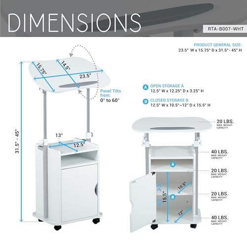 Techni Mobili Adjustable Laptop Cart w/Storage, Rolling Mobile Desk, White | Adjustable laptop cart with storage cabinet, shelf, locking wheels, sit‑stand height for home office, bedside, classroom - color: White