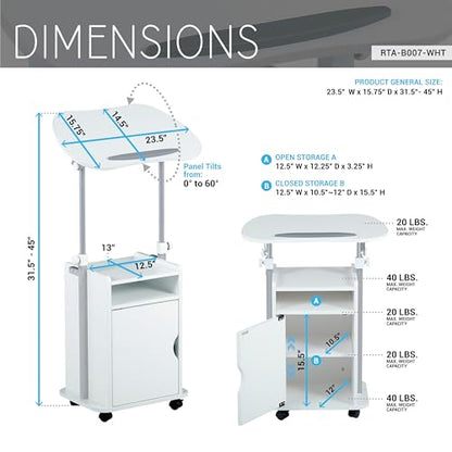 Techni Mobili Adjustable Laptop Cart w/Storage, Rolling Mobile Desk, White | Adjustable laptop cart with storage cabinet, shelf, locking wheels, sit‑stand height for home office, bedside, classroom - color: White