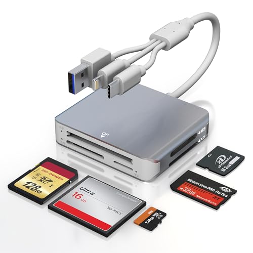 Memory Stick Pro Duo Adapter for iPhone - 5 in 1 SD/TF/MS/CF/XD Card Reader for PC/Android/Lightning Device, Aluminum Multi Memory Card Reader USB C Lightning OTG Compact Flash Card Reader - color: Silver
