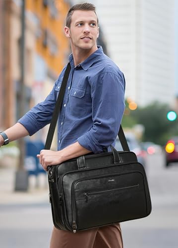 Leather Messenger Bag for Men&Women 17 Inch Leather Laptop Bag,Water-Resistant Large Shoulder Satchel Office,Work - color: Black