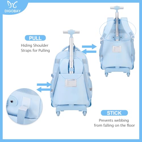 DIGOBAY Rolling Backpack for Girls, Roller Bag with Lunch Box Pencil case | Kawaii Girls Roller Backpack With Wheels School Bookbag With Cute Pins for Elementary Middle School, Blue - color: Blue