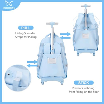 DIGOBAY Rolling Backpack for Girls, Roller Bag with Lunch Box Pencil case | Kawaii Girls Roller Backpack With Wheels School Bookbag With Cute Pins for Elementary Middle School, Blue - color: Blue