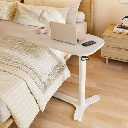Muvai Overbed Bedside Table with Hidden Casters,30 Inches Adjustable Height Pneumatic Mobile Laptop Standing Desk, Rolling Computer Table for Home & Hospital Use ，White 30" W x 17.7" D - color: White