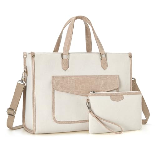 Missnine Tote Bag Canvas Laptop Bag for Women 15.6 inch Casual Work Bags with Clutch Purse Computer 2 PCS Set (Croc-embossed Light Khaki) - color: Croc-embossed Kahki