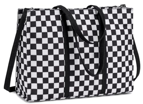 BTOOP Work Tote Bag for Women, Laptop Tote Bag With 15.6 Inch Padded Compartment, Teacher Nurse Bible Bags - color: Black-white Checkered