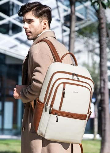 17 inch Leather Laptop Backpack for Women, Large Travel Backpack with 6 Compartments, Computer Backpack Purse for Work College - color: Beige