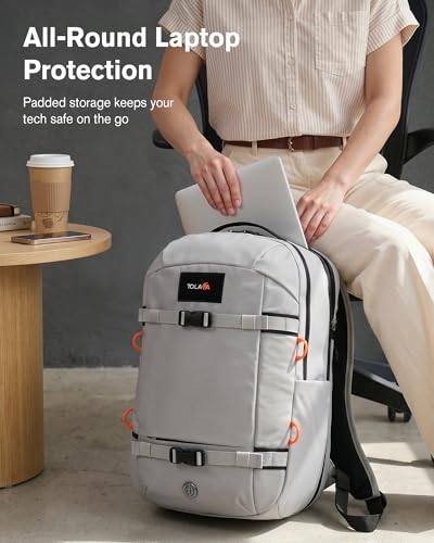 Tolaccea 30L Travel Laptop Backpack TSA Carry-On for Business Trips Commute | 100% RPET Recycled Fabric | EVA-cushioned Laptop Protection | TSA 180° Lay-flat Opening | Reinforced Stability Base Panel - color: Light Gray