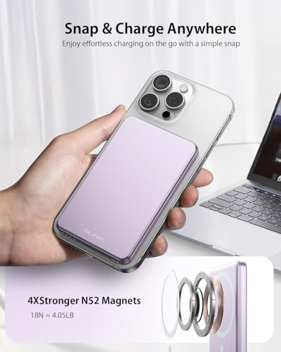 ULiXWH [0.3" Ultra Slim] [Alloy-Made] for Magsafe Portable Charger for iPhone, 2025 Upgrade 5000mAh Fast Charging Magnetic Power Bank, Wireless Battery Pack for iPhone 17 Air 16 15 Pro Max 14, Purple