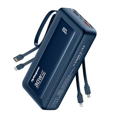 Portable Charger 27000mAh 30W Fast Charging Power Bank | Built-in Cables, LED Display, 6 Outputs & 2 Inputs, USB C Battery Pack, Compatible with iPhone, Samsung, Google - color: Dark Blue, size: 27000Mah
