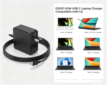 65W USB C Fast Charger Compatible with LG Gram 17" 16" 15" 14" 17Z95P 17Z90Q 17Z90R 17Z90S 16T90P 16Z90P 16Z90Q 16Z90R 15Z95P 15Z90P 15Z90Q 14Z90P 14Z90Q 2-in-1 OLED Thin Lightweight Power Cord