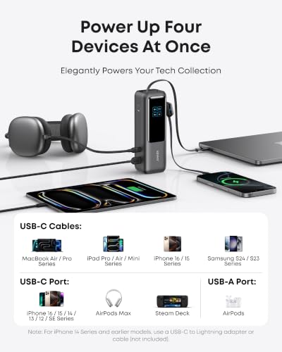 Anker Laptop Power Bank, 25,000mAh Travel Essential with 165W Total Output | 3 USB-C Ports with 100W Max Each, Built-In Retractable Cables, Flight-Ready, for iPhone 17 Series ,MacBook, and More - color: Black