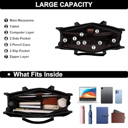 MOSISO Laptop Tote Bag for Women, 15.6 inch PU Leather Work Bag | Rhombus Quilted Tote Bag with Cup Holder & Clutch Purse, Large Capacity Teacher Computer Briefcase for Business Office, Black