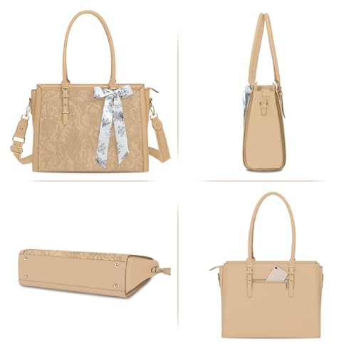 MOSISO Laptop Bag for Women, 15.6-16 inch PU Leather Tote Bag | Compatible with MacBook, HP,Dell,Asus, Front Embossed Retro Hibiscus Computer Bags with Silk Scarf&Clutch Purse, Apricot - color: Apricot, size: 16 inch