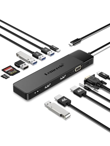 Lemorele 13 in 1 USB C Docking Station Triple Monitor w/Dual HDMI 4K, VGA, 5 USB 3.0/2.0, USB-C 3.0, 100W PD, SD/TF, 3.5mm Audio, Multiport Hub Adapter for Lenovo, Surface, Dell, HP Laptops - color: Black -13 in 1