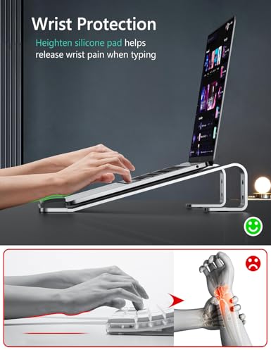 JCZT Aluminum Laptop Stand, Notebook Stand with Wrist Rest, Ergonomic Detachable Laptop Mount, Computer Stand Compatible with 10-17'' All Laptops Such as MacBook Air Pro/HP/Dell/Lenovo, Silver - color: Silver
