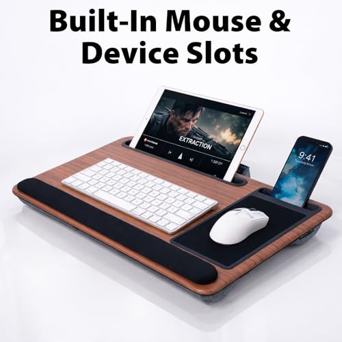 Cyberguys Comfort Lap Desk for Laptop up to 15.6 in – Black with Saddletan Wood Overlay with Mouse Pad, Phone & Tablet Slot, Dual Cushion Base, Wrist Rest & Carry Handle for Bed Desk Couch Sofa - color: Black With Saddletan Wood Overlay