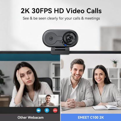 EMEET C100 2K Webcam for PC, Built-in Mic, Rotating Privacy Cover, Portable Metal Clip, Computer Camera for Home Office, Meetings, Learning, Streaming, External Webcam for Desktop, Laptop, PC USB-A - style: Crisp 2K w/ Portable Metal Clip