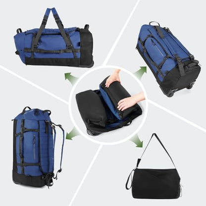Vomgomfom 86L Collapsible Wheeled Duffle Bag Waterproof, Navy | Detachable Backpack Straps, Padded Laptop Sleeve, Quilted Reinforced Base, U-Shape Mesh Pocket, Shoe Compartment - color: Navy