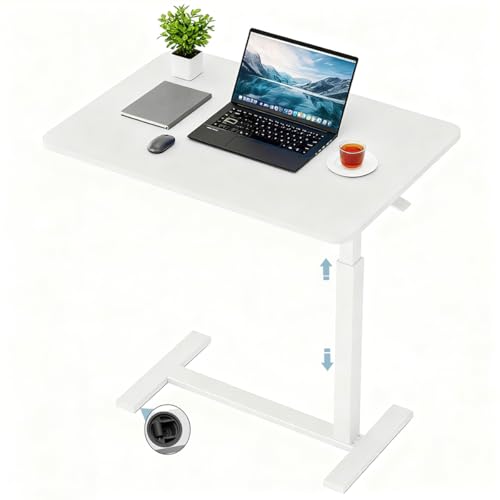 CROWNFURN Overbed Bedside Table with Wheels,Height Adjustable Bedside Table for Recliner,Rolling Standing Desk for Home Hospital,White - color: White
