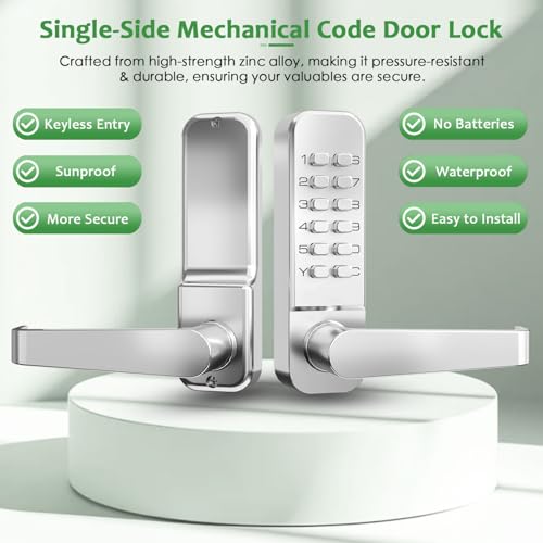 High-Security 12 Digit Keypad Mechanical Door Lock - Keyless Entry, Mechanical Code Lock with Handle, Waterproof & Rustproof, No Battery, Easy to Install, Silver, BH-MDLS0030102 - color: Satin Chrome - Square