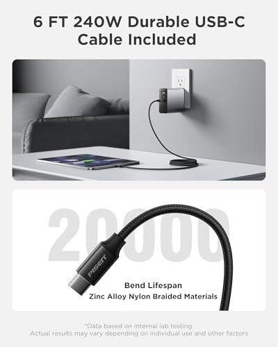 PISEN 140W USB C Charger - PD3.1 GaN Fast Charger USB C 3-Port Foldable Charging Block 140Watt Power Adapter with 6FT 240W Type-C Cable, 140W Charger for MacBook, Laptops, Samsung, iPad, iPhone Series
