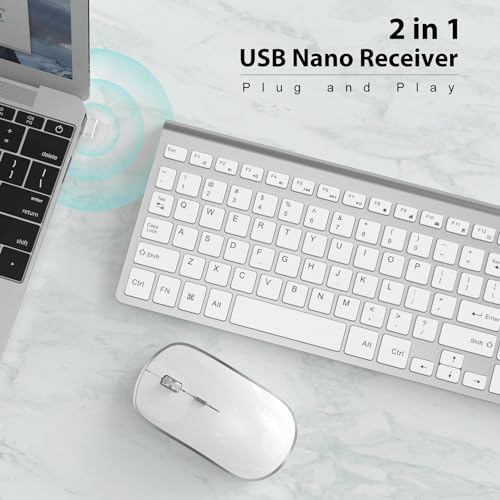 J JOYACCESS Wireless Keyboard and Mouse, Slim Wireless Keyboard Mouse with Numeric Keypad Compatible with iMac Mac PC Laptop Tablet Computer Windows (Silver White) - color: silver