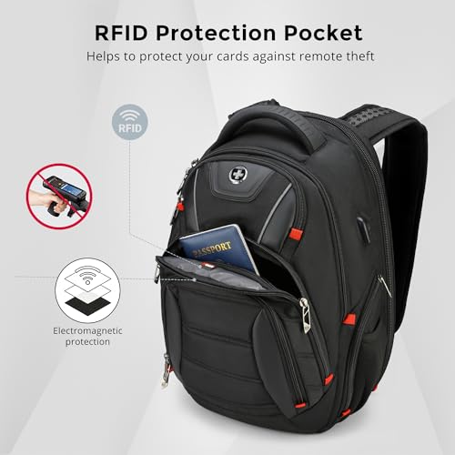 Swissdigital Design Travel Backpack for men with Apple Find My, TSA Friendly USB Charging RFID Protection Business Backpack Fits 15.6" Laptops Black | J149508F-BR - color: Black/Finder