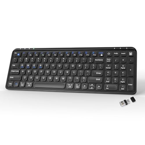 Compact Wireless Bluetooth Keyboard – 99 Keys, Ultra-Slim Design, 4-Device Connectivity (2.4G + Bluetooth 5.0), Quiet Typing for PC/Mac/iOS/Android, 13 Multimedia Keys, Rechargeable, Black