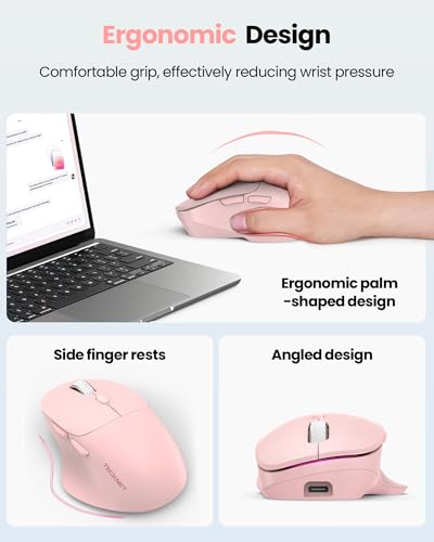 TECKNET Wireless Mouse Bluetooth 5.0/3.0 & 2.4G Rechargeable, Silent Clicks, Adjustable 4800 DPI, 6 Buttons, Ergonomic Design, Bluetooth Mouse for Laptop, Computer, ipad - Pink - color: Pink