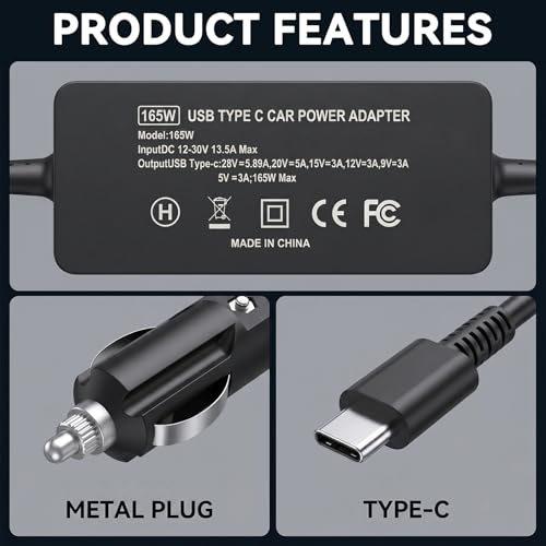 165W Laptop Car Charger USB-C for Dell Pro Max 16 18 Plus MB16250 MB18250 | For Pro Max 16 14 Premium MA16250 MA14250,Precision 5690 5680 3580 3581,for Latitude 5340 5440 5540 7340 7640 9440