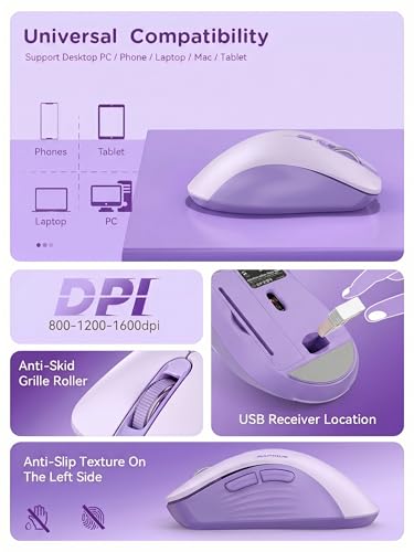 RAPIQUE Bluetooth Wireless Mouse, Dual Bluetooth & 2.4GHz, Purple | Right-Hand Design, Quiet Clicks, Low Power, 3-device switching, Portable Multi-Device for MacBook, Laptop, Computer, iPad, PC - color: Lavender Purple