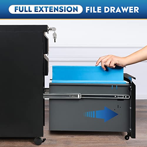 DEVAISE 3 Drawer Mobile File Cabinet with Lock, Under Desk Metal Filing Cabinet for Home Office/Legal/Letter/A4 File, Fully Assembled Except Wheels, Black - color: Black, size: 17"D x 15"W x 24"H