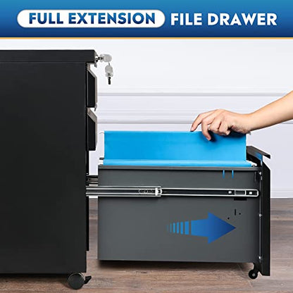 DEVAISE 3 Drawer Mobile File Cabinet with Lock, Under Desk Metal Filing Cabinet for Home Office/Legal/Letter/A4 File, Fully Assembled Except Wheels, Black - color: Black, size: 17"D x 15"W x 24"H