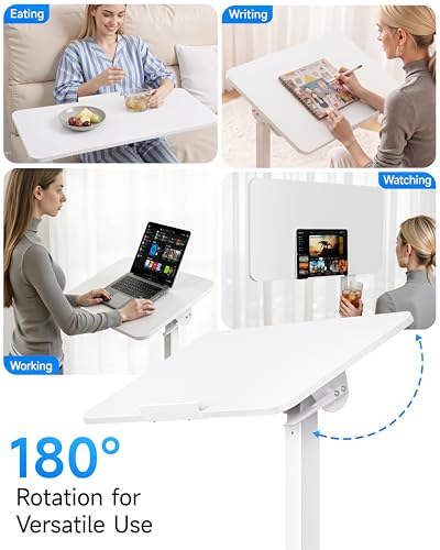 BIZUM Mobile Standing Desk Laptop Desk Pneumatic with Wheels 180° Tilt Top Hospital Bed Table Portable Rolling Cart Foldable Bedside Table for Hospital&Home Use, White - color: White