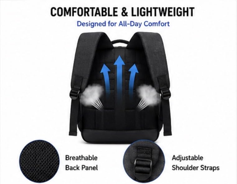 Modern Business Laptop Backpack with USB Charging Port, Black Water-Resistant Material, Front Zip Pocket, Minimalist Design