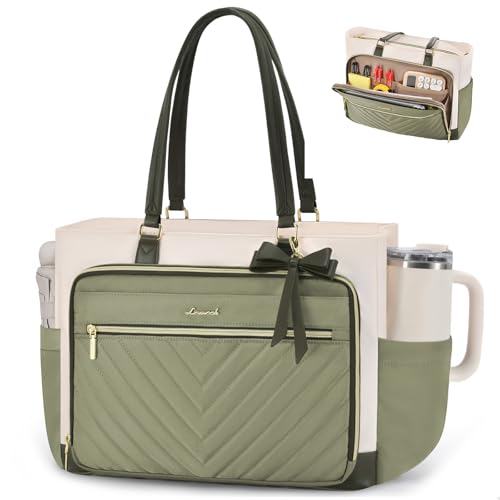 LOVEVOOK 17 Inch Laptop Tote Bag for Women, Work Bag for Teacher with Large Cup Holder, Quilted Nurse Diaper Bag for Travel, Computer Women's handbags for gift - color: Light Green-beige-olive Green, size: 17.3 inch
