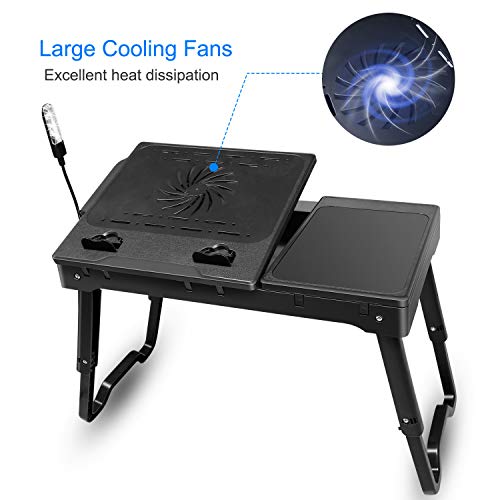 Foldable Laptop Table with Cooling Fan, LED Light, 4 x USB Ports, Mouse Pad & Storage Groove for Laptop Use in Home Office - color: Black