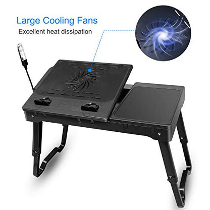 Foldable Laptop Table with Cooling Fan, LED Light, 4 x USB Ports, Mouse Pad & Storage Groove for Laptop Use in Home Office - color: Black