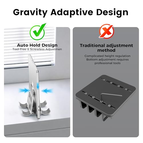 Aluminum Vertical Laptop Stand for Desk, Auto-Locking Adjustable Dock Holder with Dual Slots for Tablet & Phone, Space-Saving Upright Organizer Fits MacBook Pro/Air, Dell, HP, Chromebook (Silver)