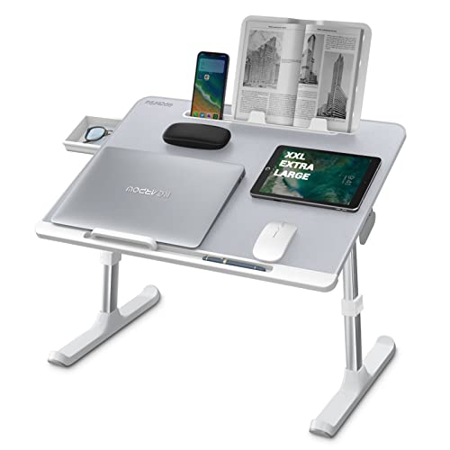 NEARPOW XXL Bed Table Tray, Adjustable Laptop Lap Desk for Couch, Black | Bed desk for laptop and writing features anti-slip leather, 5 heights, 4 angles, book stand, a drawer & removable stopper - color: Gray