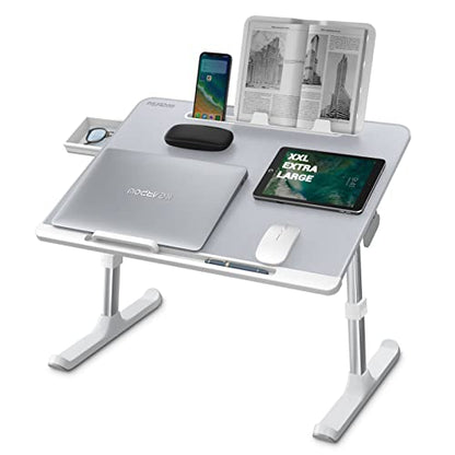 NEARPOW XXL Bed Table Tray, Adjustable Laptop Lap Desk for Couch, Black | Bed desk for laptop and writing features anti-slip leather, 5 heights, 4 angles, book stand, a drawer & removable stopper - color: Gray