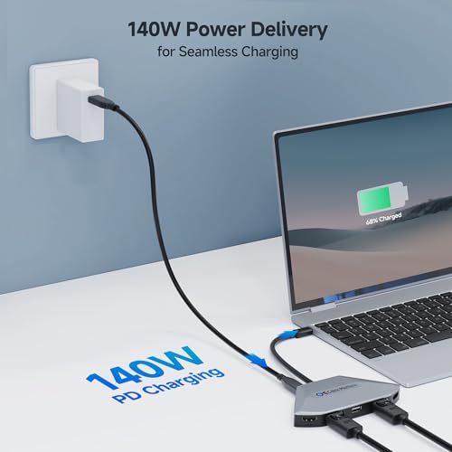 Cable Matters 4K Quad Display USB C MST Adapter, Dual Function HDMI/DP | Windows Only, 4x 4K@60Hz, 140W Charging, USB C Hub Dual DisplayPort 2.1 / HDMI 2.1 for 4 Monitors, Thunderbolt 5/4 Compatible