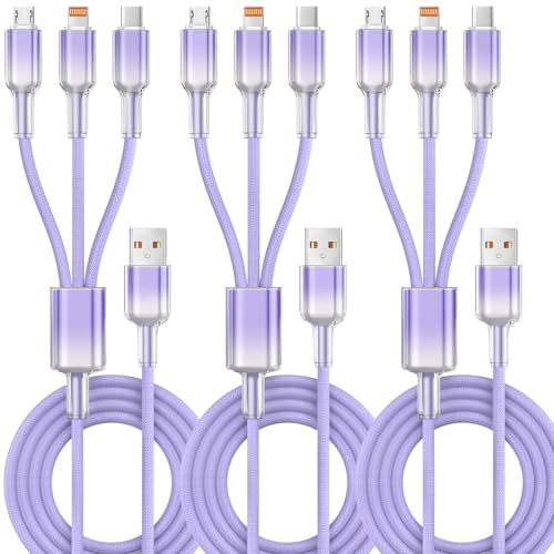 Multi Charging Cable, 3 in 1 Chargers for Multiple Devices, 48 Braid Universal Charger Cord with USB-C/IP/Micro, Multi Charger Cable for iPhone17-11/ Android / Pad (3Pack 4FT),Travel/Car/Cruise/Beach - color: Light Purple, size: 4FT 3Pack