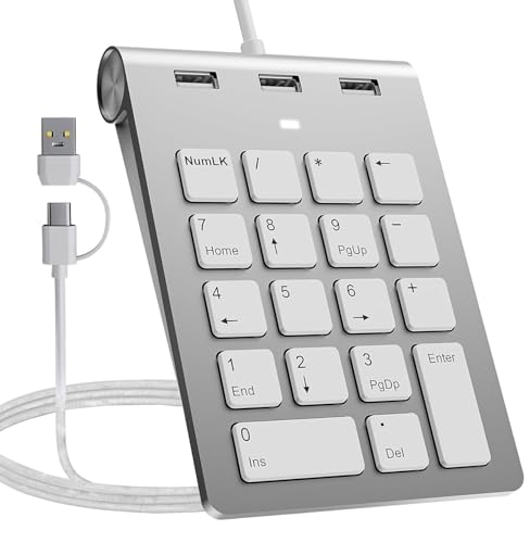 2-in-1 Number Pad & USB Hub with USB-C and USB-A Cables, 15° Ergonomic Wired Numpad with 3 USB 2.0 Ports, 18 Keys Numeric Keypad for Laptop/Desktop/Surface/iPad/Mac/No Adapter Needed USB Number Keypad