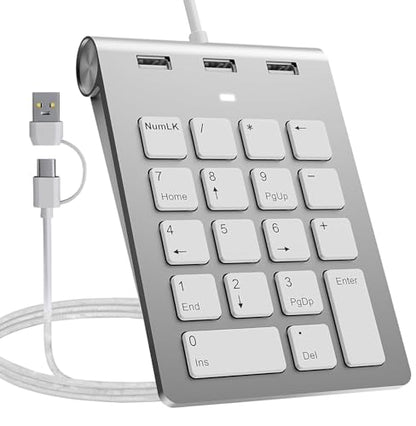 2-in-1 Number Pad & USB Hub with USB-C and USB-A Cables, 15° Ergonomic Wired Numpad with 3 USB 2.0 Ports, 18 Keys Numeric Keypad for Laptop/Desktop/Surface/iPad/Mac/No Adapter Needed USB Number Keypad