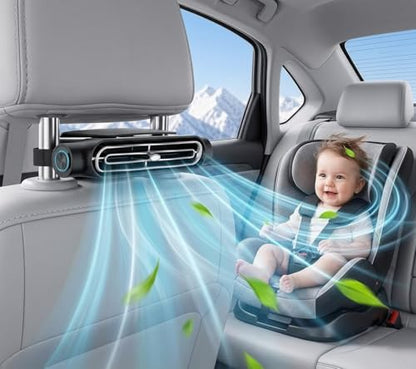 USB Car Seat Fan Car Seat Fan for Kids Compact Turbo Cooling Fan for Headrest Silent Anti-Tangle Design with 3 Speed and Independent Switch for Driver, Passenger and Baby