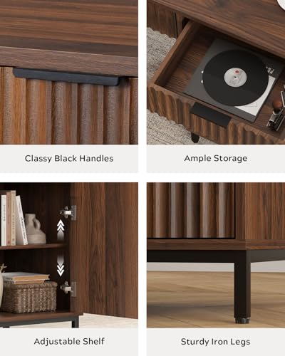 47" Fluted Executive Desk, Modern Wood Home Office Desk with Charging Station, Drawer & Cabinet, Computer Writing Desk for Work Study, Brown - color: Brown